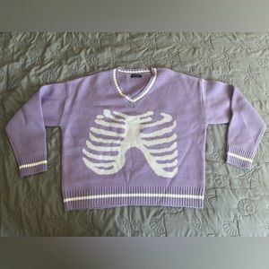 Shein EZwear purple and white skeleton pattern striped trim sweater size large